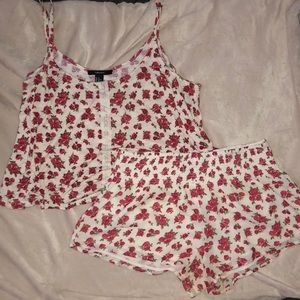 Forever 21 White Floral Romper Set with Pink Roses
